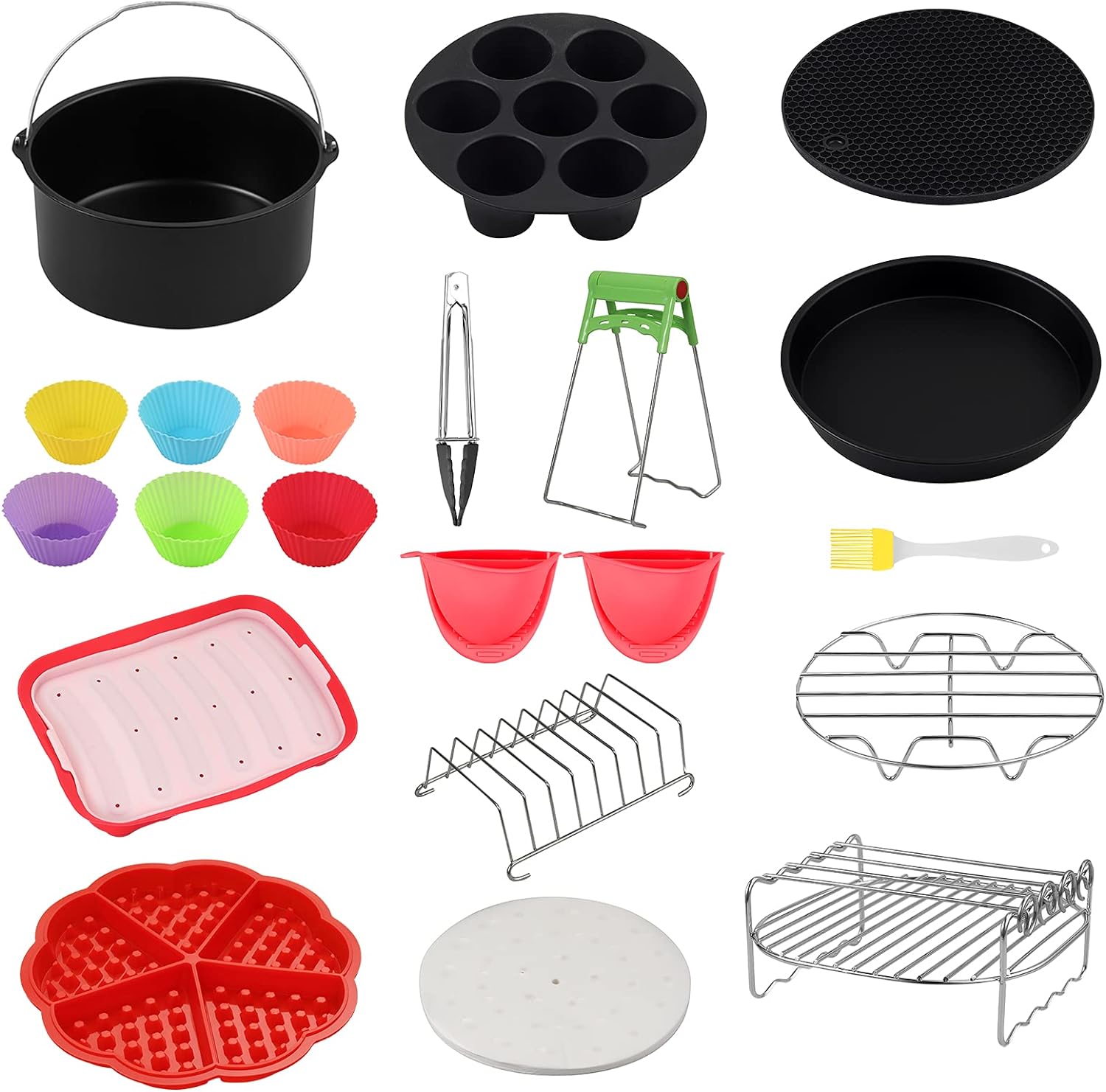 Accesorii pentru Friteuza cu aer cald, set 16 piese, compatibile cu modelele Airfryer de 4.2L-5.8L, Phillips, Gowise, forme de prajituri, tava pentru pizza, tava de coacere, gratare, hartie de copt, spatula, clesti si protectie din silicon