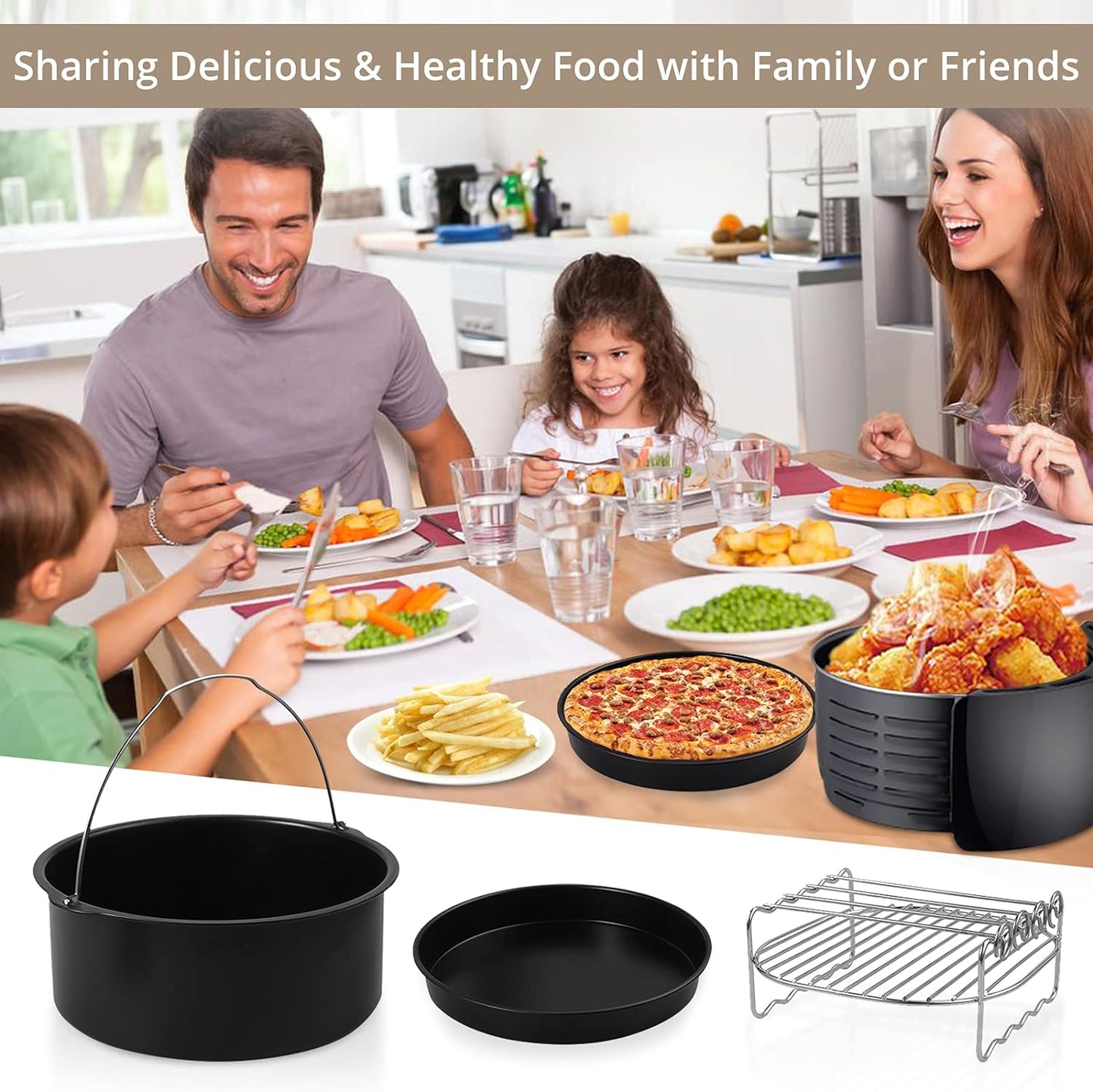 Accesorii pentru Friteuza cu aer cald, set 16 piese, compatibile cu modelele Airfryer de 4.2L-5.8L, Phillips, Gowise, forme de prajituri, tava pentru pizza, tava de coacere, gratare, hartie de copt, spatula, clesti si protectie din silicon
