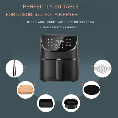Accesorii pentru Friteuza cu aer cald, set 6 piese, compatibile cu modelele Airfryer Cosori 5,5 L, XXL 5,5 litri Square XL, tava pentru pizza, tava de coacere, gratar, hartie de copt, cleste si suport din silicon
