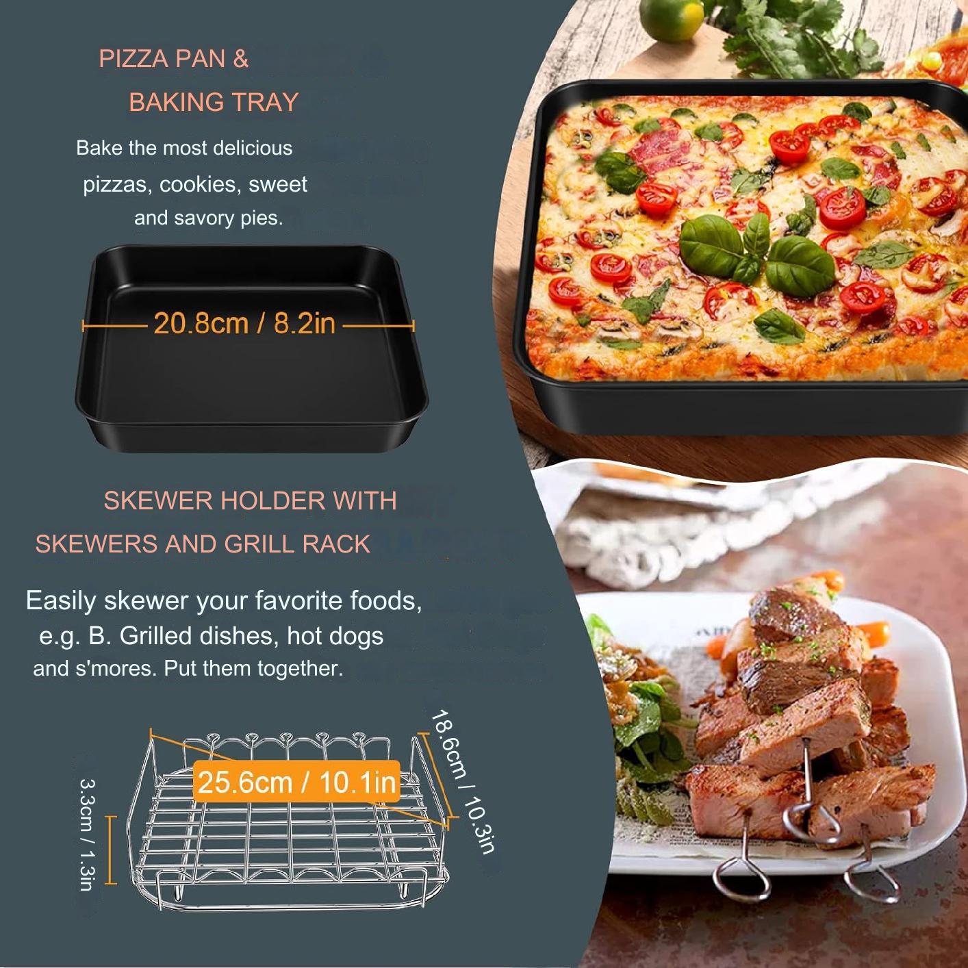 Accesorii pentru Friteuza cu aer cald, set 6 piese, compatibile cu modelele Airfryer Cosori 5,5 L, XXL 5,5 litri Square XL, tava pentru pizza, tava de coacere, gratar, hartie de copt, cleste si suport din silicon