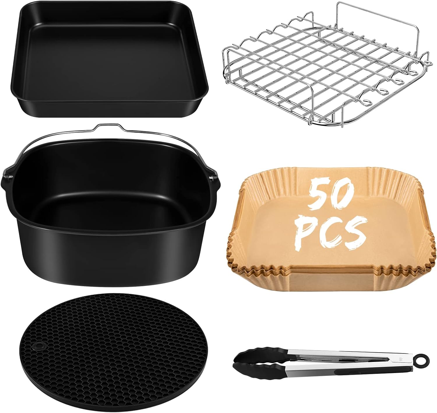 Accesorii pentru Friteuza cu aer cald, set 6 piese, compatibile cu modelele Airfryer Cosori 5,5 L, XXL 5,5 litri Square XL, tava pentru pizza, tava de coacere, gratar, hartie de copt, cleste si suport din silicon