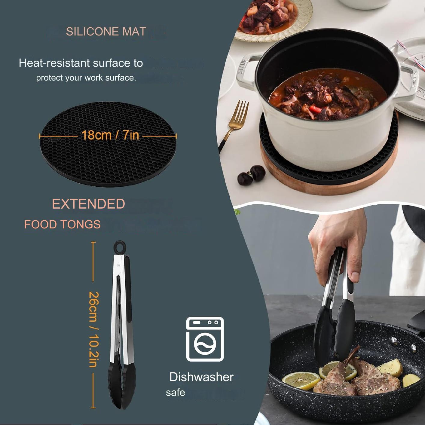 Accesorii pentru Friteuza cu aer cald, set 6 piese, compatibile cu modelele Airfryer Cosori 5,5 L, XXL 5,5 litri Square XL, tava pentru pizza, tava de coacere, gratar, hartie de copt, cleste si suport din silicon