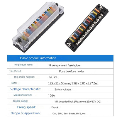 Set panou sigurante auto cu 12 iesiri, 12 V, cu sigurante 5A 10A 15A 20A, cu capac de protectie, rezistent la apa si praf, pentru masina, rulota, barca, autoutilitara, camion