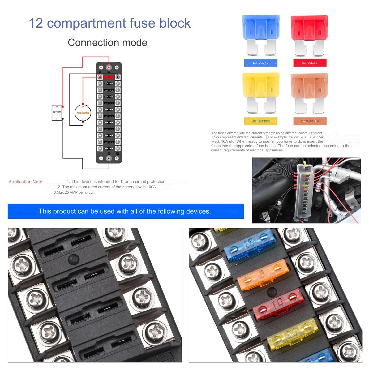 Set panou sigurante auto cu 12 iesiri, 12 V, cu sigurante 5A 10A 15A 20A, cu capac de protectie, rezistent la apa si praf, pentru masina, rulota, barca, autoutilitara, camion