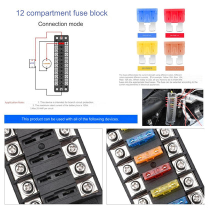 Set panou sigurante auto cu 12 iesiri, 12 V, cu sigurante 5A 10A 15A 20A, cu capac de protectie, rezistent la apa si praf, pentru masina, rulota, barca, autoutilitara, camion