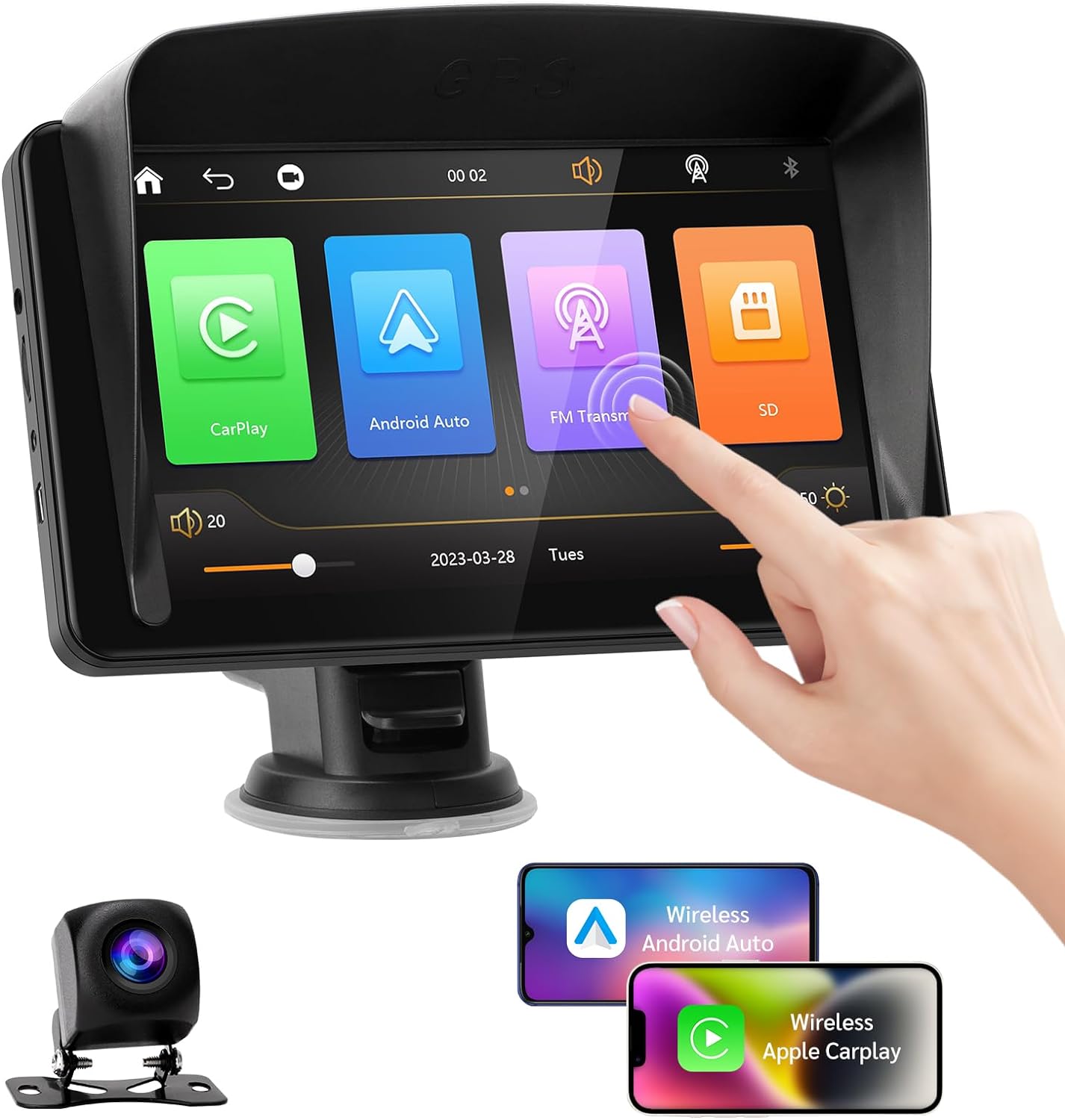 Navigatie Auto Multimedia, GPS, Wireless, Apple CarPlay, Android Auto, Bluetooth 5.0, MirrorLink, Rezolutie HD 1024 x 600, cu Camera Marsarier, Ecran LCD, Touchscreen, 7 inchi, Compatibila cu Google Assistant si Siri, Parasolar, Universala