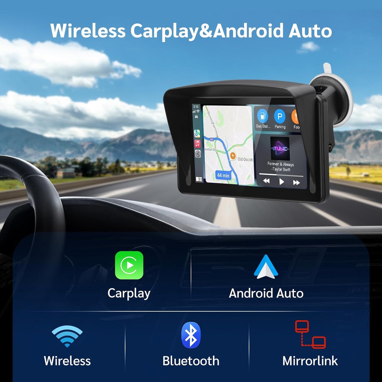 Navigatie Auto Multimedia, GPS, Wireless, Apple CarPlay, Android Auto, Bluetooth 5.0, MirrorLink, Rezolutie HD 1024 x 600, cu Camera Marsarier, Ecran LCD, Touchscreen, 7 inchi, Compatibila cu Google Assistant si Siri, Parasolar, Universala