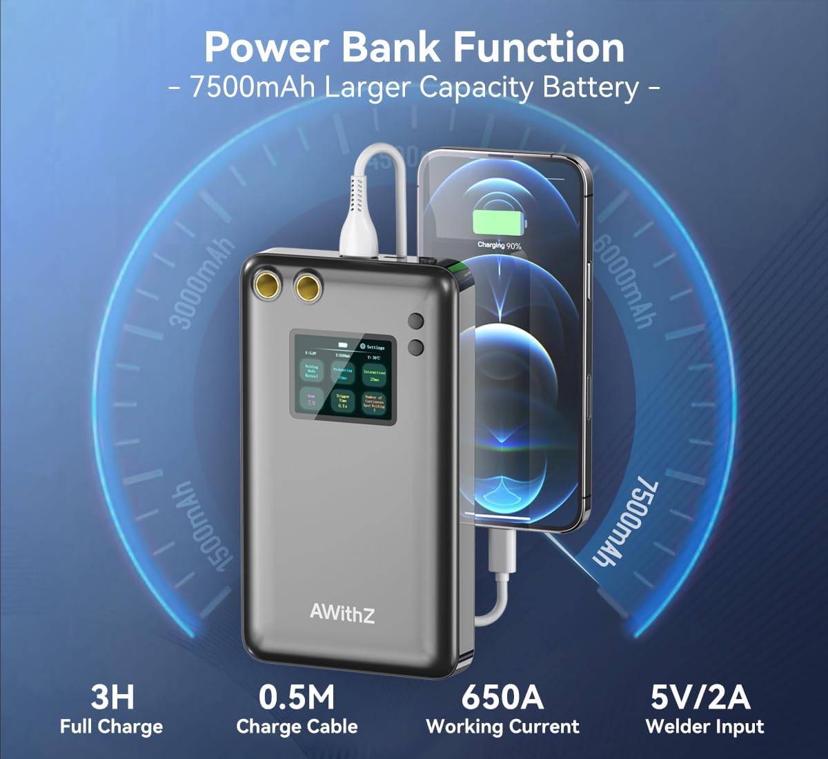 Aparat de sudura in puncte portabil, cu ecran mare color, acumulator 7500 mAh, doua moduri si 90 niveluri, functie powerbank, cu banda de nichel, pentru lipit acumulatori