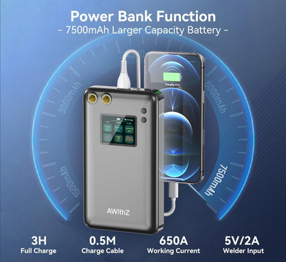 Aparat de sudura in puncte portabil, cu ecran mare color, acumulator 7500 mAh, doua moduri si 90 niveluri, functie powerbank, cu banda de nichel, pentru lipit acumulatori
