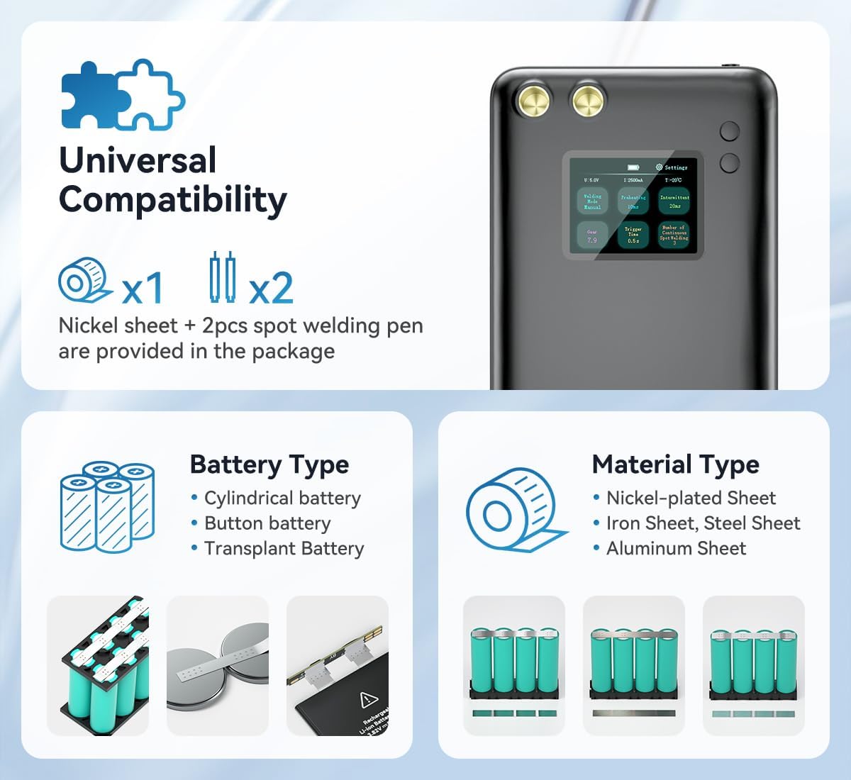Aparat de sudura in puncte portabil, cu ecran mare color, acumulator 7500 mAh, doua moduri si 90 niveluri, functie powerbank, cu banda de nichel, pentru lipit acumulatori