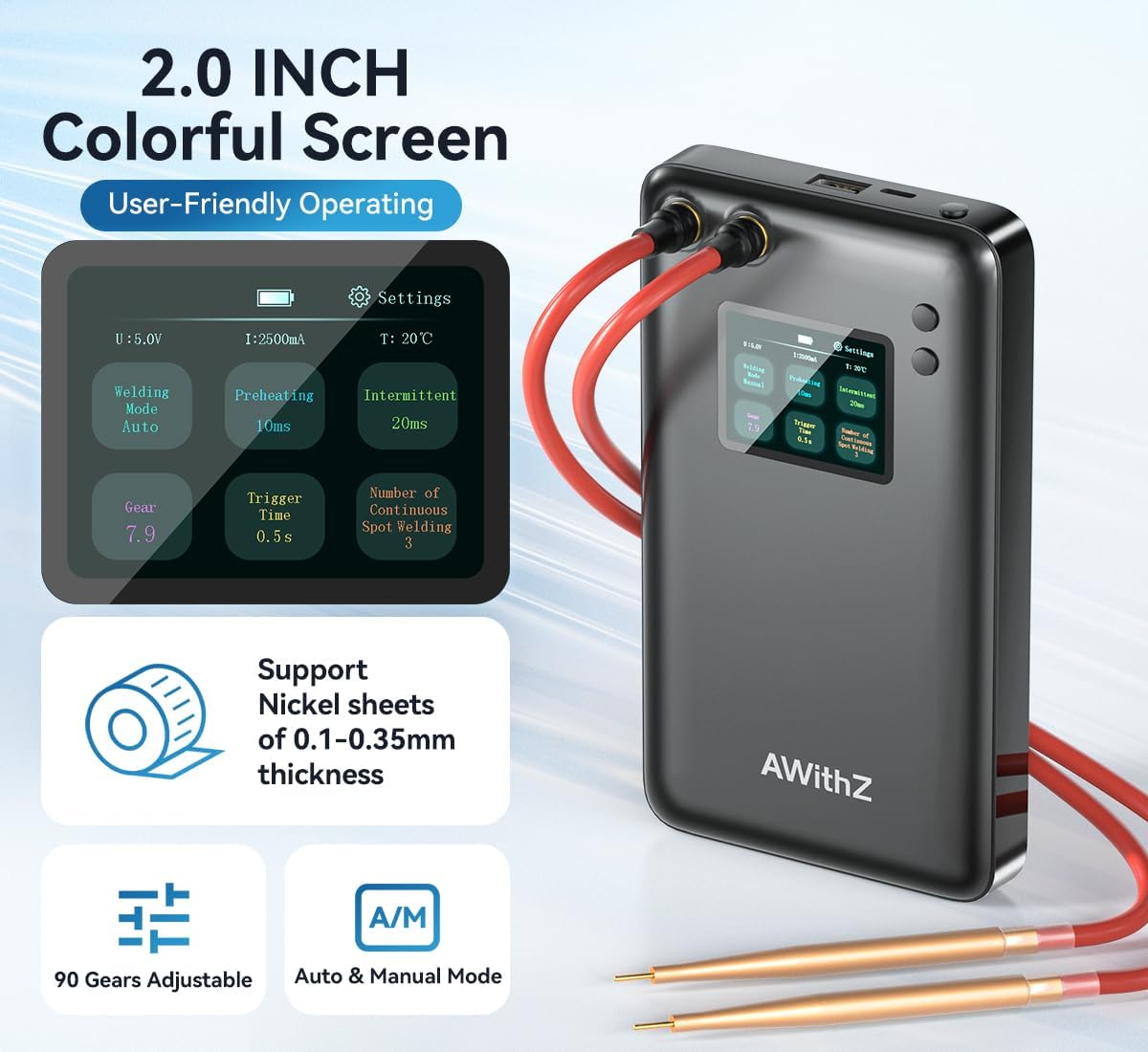 Aparat de sudura in puncte portabil, cu ecran mare color, acumulator 7500 mAh, doua moduri si 90 niveluri, functie powerbank, cu banda de nichel, pentru lipit acumulatori