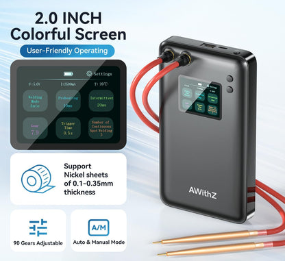 Aparat de sudura in puncte portabil, cu ecran mare color, acumulator 7500 mAh, doua moduri si 90 niveluri, functie powerbank, cu banda de nichel, pentru lipit acumulatori