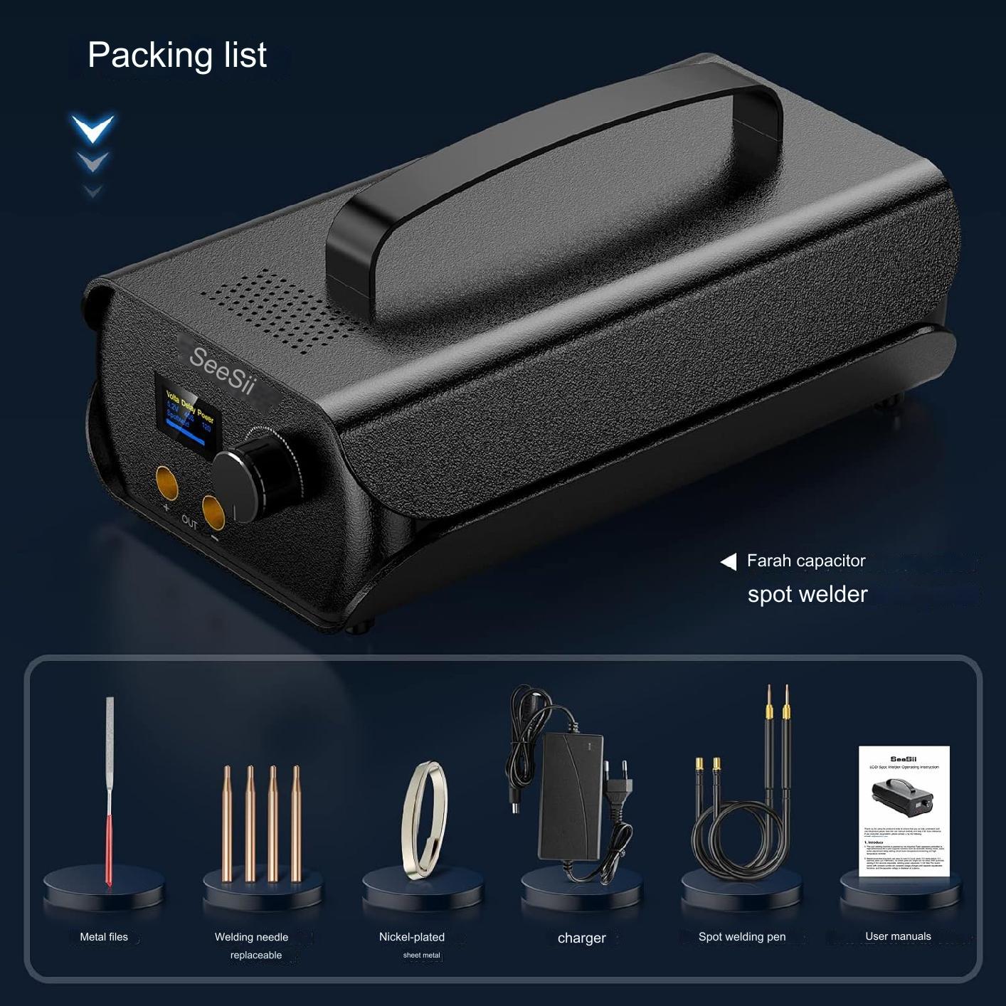 Aparat de sudura in puncte portabil, cu ecran LCD, 120 niveluri reglabile, cu condensator Farad 3000F, cu banda de nichel 0,1-0,3 mm, 4 x electrozi, pentru lipit acumulatori, negru