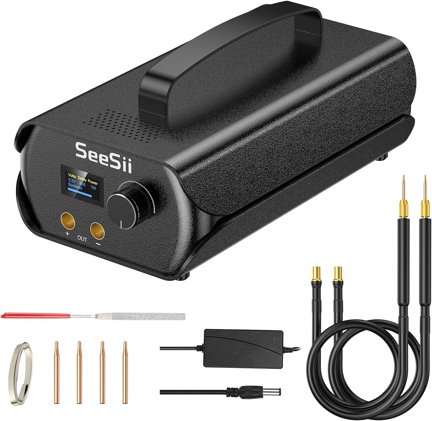 Aparat de sudura in puncte portabil, cu ecran LCD, 120 niveluri reglabile, cu condensator Farad 3000F, cu banda de nichel 0,1-0,3 mm, 4 x electrozi, pentru lipit acumulatori, negru