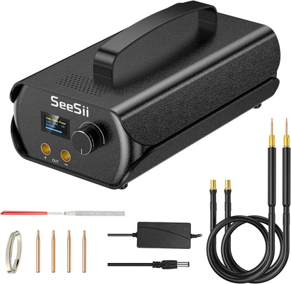 Aparat de sudura in puncte portabil, cu ecran LCD, 120 niveluri reglabile, cu condensator Farad 3000F, cu banda de nichel 0,1-0,3 mm, 4 x electrozi, pentru lipit acumulatori, negru