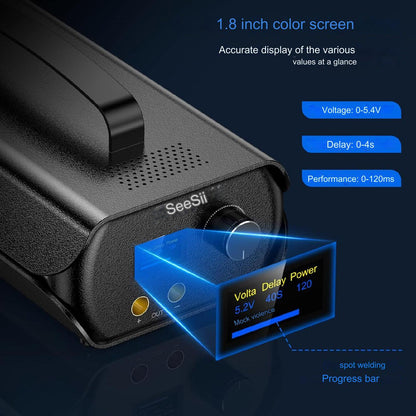 Aparat de sudura in puncte portabil, cu ecran LCD, 120 niveluri reglabile, cu condensator Farad 3000F, cu banda de nichel 0,1-0,3 mm, 4 x electrozi, pentru lipit acumulatori, negru