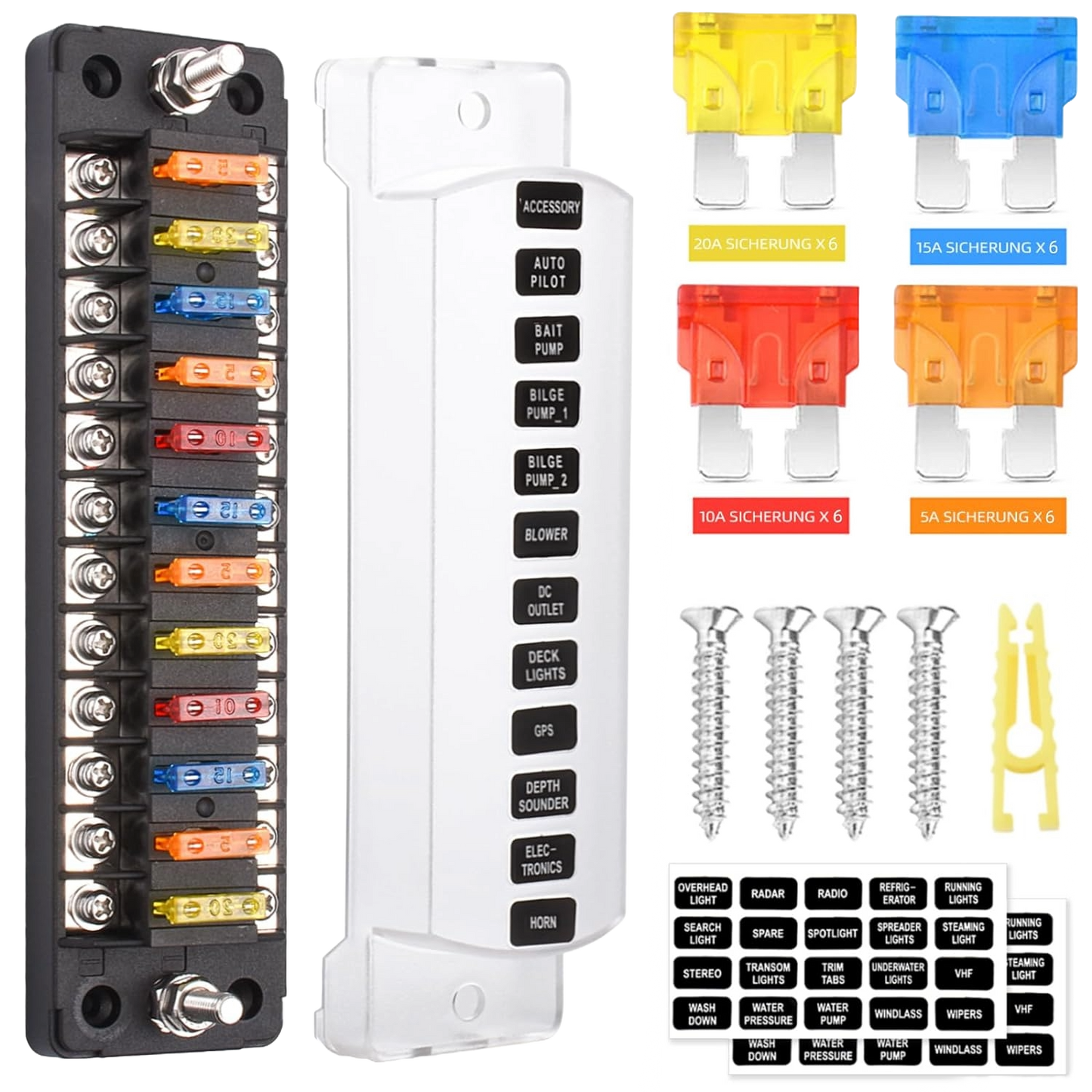 Set panou sigurante auto cu 12 iesiri, 12 V, cu sigurante 5A 10A 15A 20A, cu capac de protectie, rezistent la apa si praf, pentru masina, rulota, barca, autoutilitara, camion