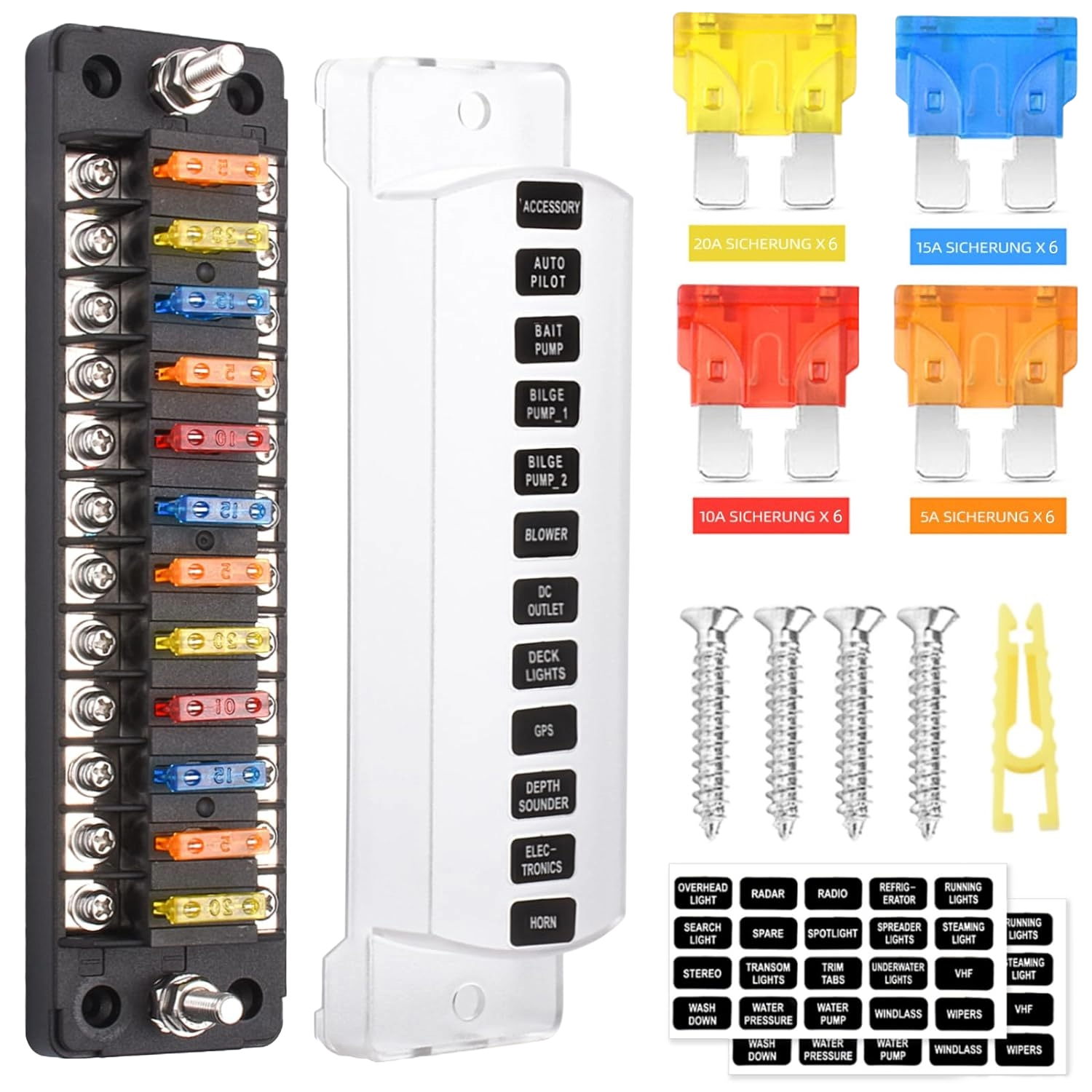 Set panou sigurante auto cu 12 iesiri, 12 V, cu sigurante 5A 10A 15A 20A, cu capac de protectie, rezistent la apa si praf, pentru masina, rulota, barca, autoutilitara, camion