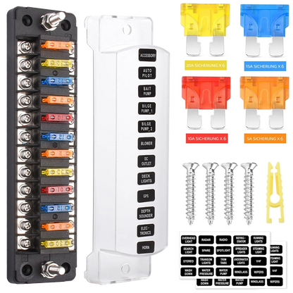 Set panou sigurante auto cu 12 iesiri, 12 V, cu sigurante 5A 10A 15A 20A, cu capac de protectie, rezistent la apa si praf, pentru masina, rulota, barca, autoutilitara, camion