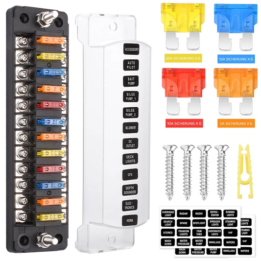 Set panou sigurante auto cu 12 iesiri, 12 V, cu sigurante 5A 10A 15A 20A, cu capac de protectie, rezistent la apa si praf, pentru masina, rulota, barca, autoutilitara, camion