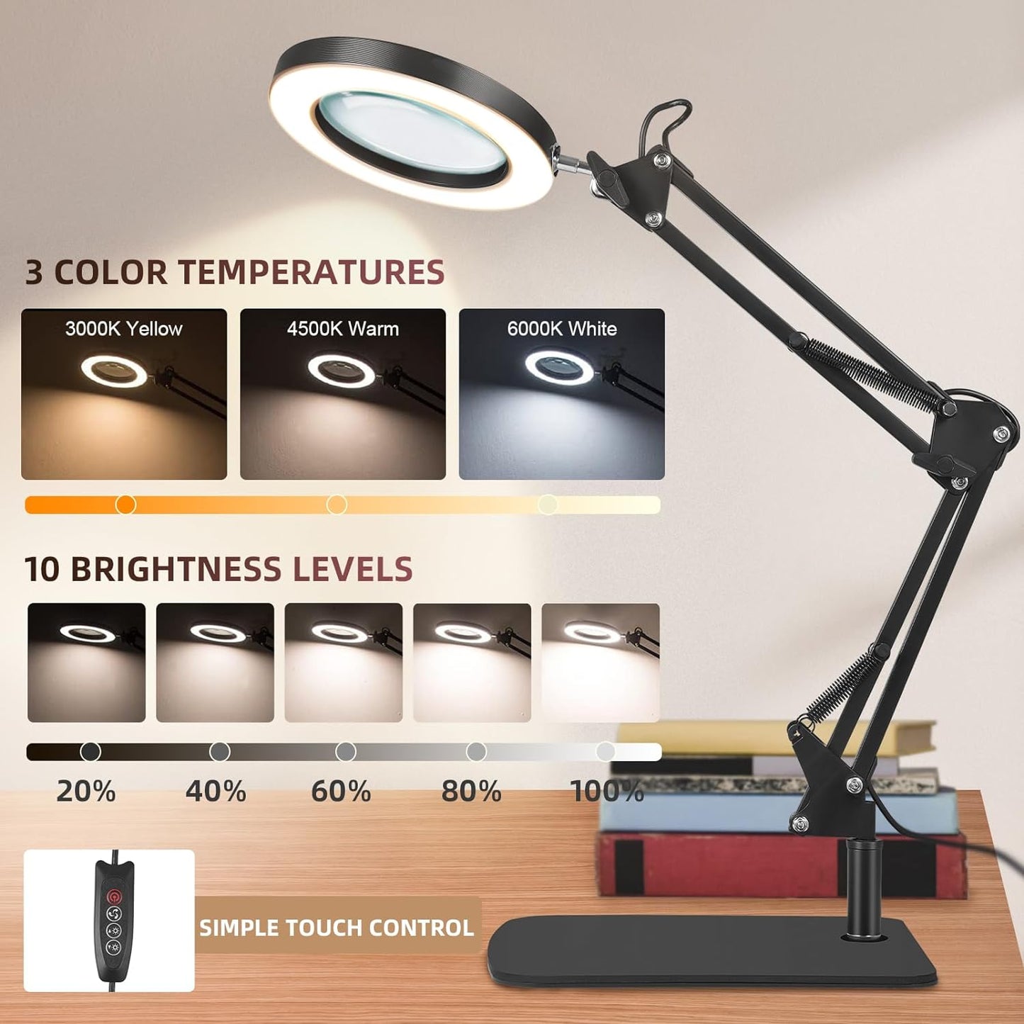 Lampa cosmetica cu brat si lupa, marire 10X, 3 moduri si 10 intensitati iluminare, dimabila, reglabila, rotativa la 360°, 2 in 1 cu baza si clema, pentru machiaj, tatuaje, bijuterii, electronica