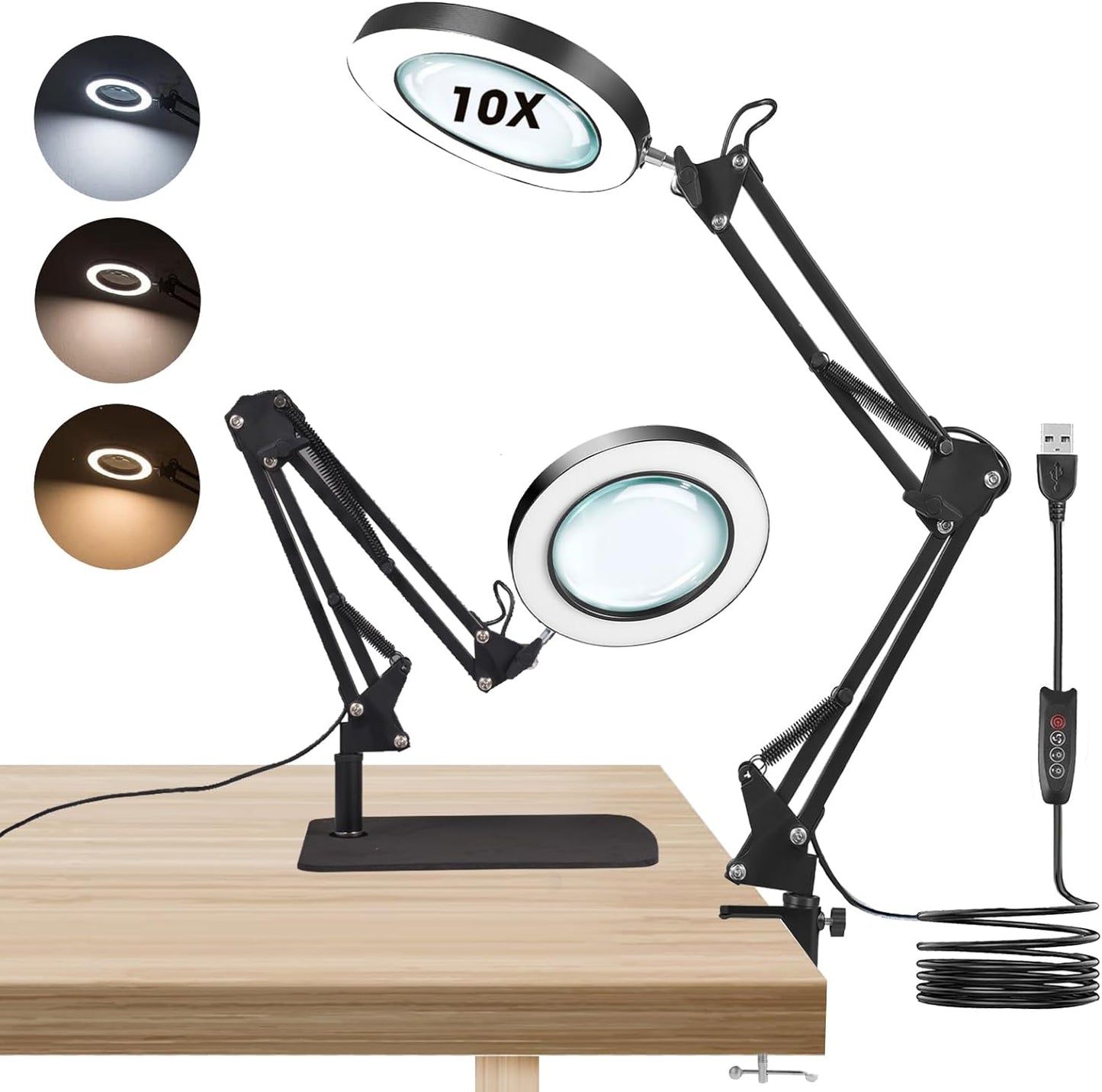 Lampa cosmetica cu brat si lupa, marire 10X, 3 moduri si 10 intensitati iluminare, dimabila, reglabila, rotativa la 360°, 2 in 1 cu baza si clema, pentru machiaj, tatuaje, bijuterii, electronica