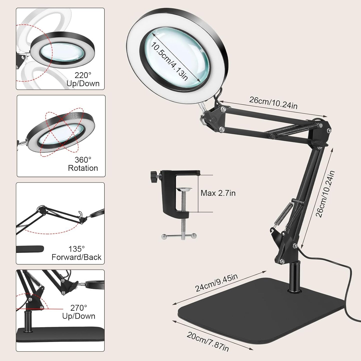 Lampa cosmetica cu brat si lupa, marire 10X, 3 moduri si 10 intensitati iluminare, dimabila, reglabila, rotativa la 360°, 2 in 1 cu baza si clema, pentru machiaj, tatuaje, bijuterii, electronica
