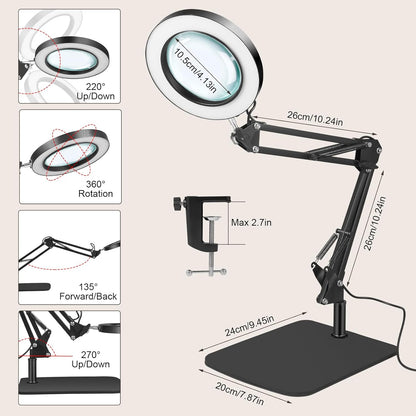 Lampa cosmetica cu brat si lupa, marire 10X, 3 moduri si 10 intensitati iluminare, dimabila, reglabila, rotativa la 360°, 2 in 1 cu baza si clema, pentru machiaj, tatuaje, bijuterii, electronica