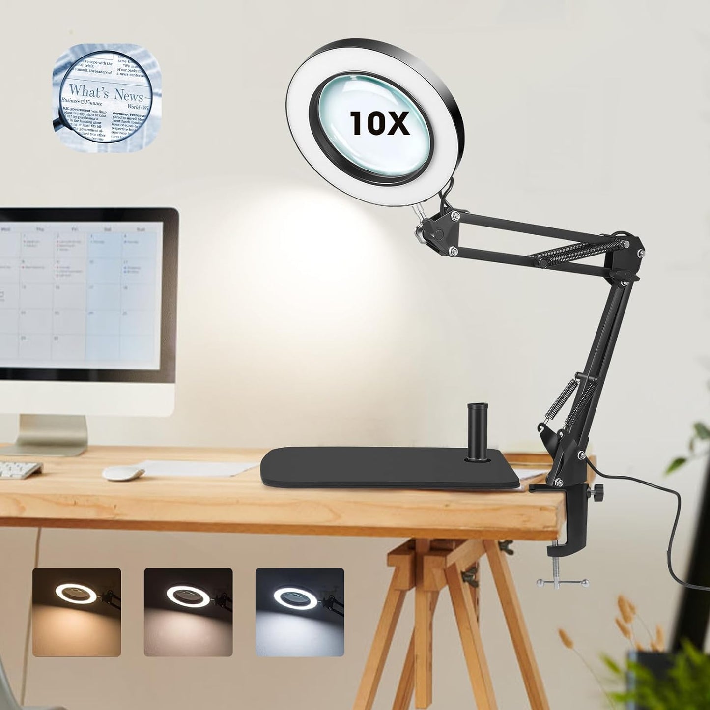 Lampa cosmetica cu brat si lupa, marire 10X, 3 moduri si 10 intensitati iluminare, dimabila, reglabila, rotativa la 360°, 2 in 1 cu baza si clema, pentru machiaj, tatuaje, bijuterii, electronica