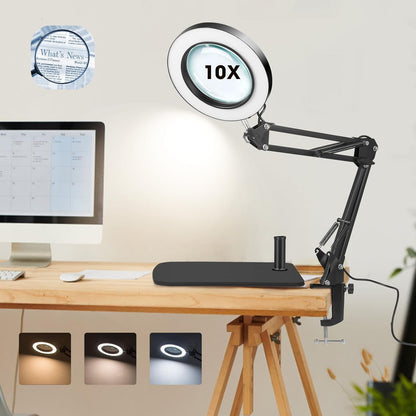 Lampa cosmetica cu brat si lupa, marire 10X, 3 moduri si 10 intensitati iluminare, dimabila, reglabila, rotativa la 360°, 2 in 1 cu baza si clema, pentru machiaj, tatuaje, bijuterii, electronica