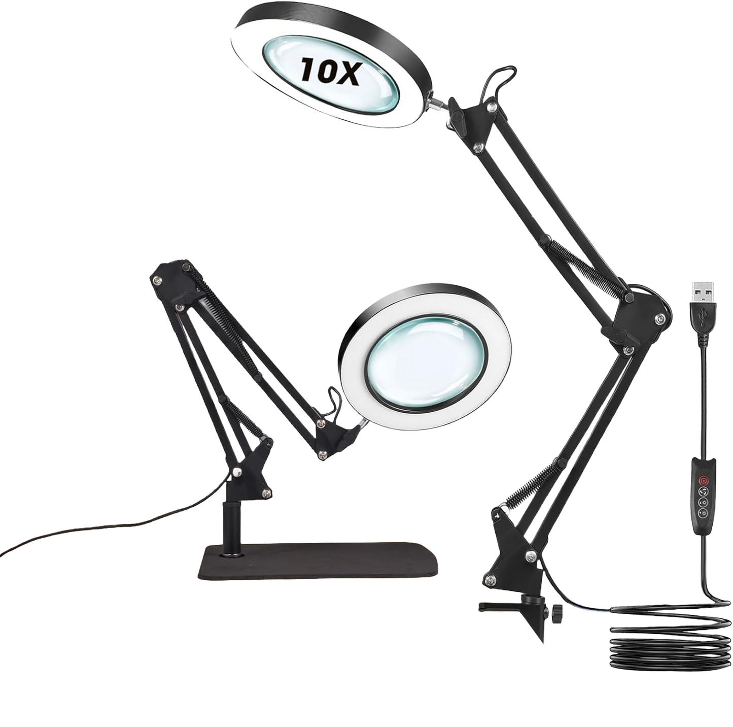 Lampa cosmetica cu brat si lupa, marire 10X, 3 moduri si 10 intensitati iluminare, dimabila, reglabila, rotativa la 360°, 2 in 1 cu baza si clema, pentru machiaj, tatuaje, bijuterii, electronica