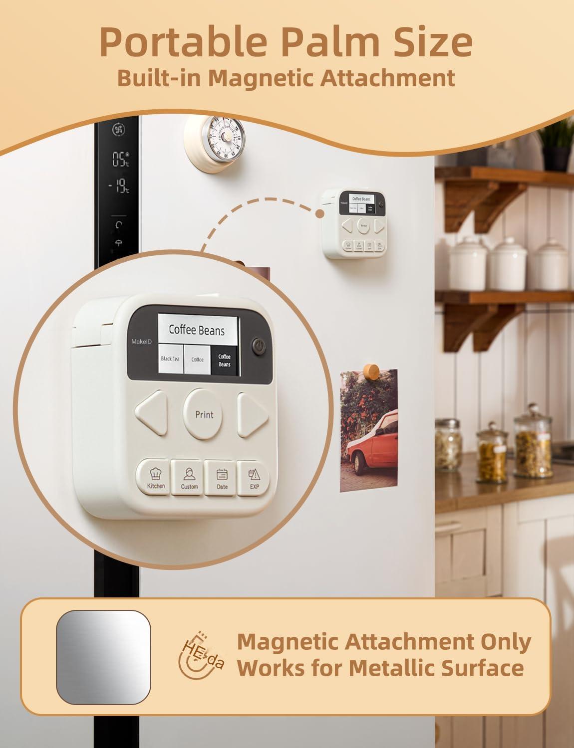 Aparat de etichete cu Bluetooth, mini imprimanta termica fara cerneala, aplicatie dedicata, etichete pentru acasa, prindere magnetica, portabil, viteza imprimare de 20 mm/s, reincarcabil type C, si o rola de etichete impermeabila la apa si ulei
