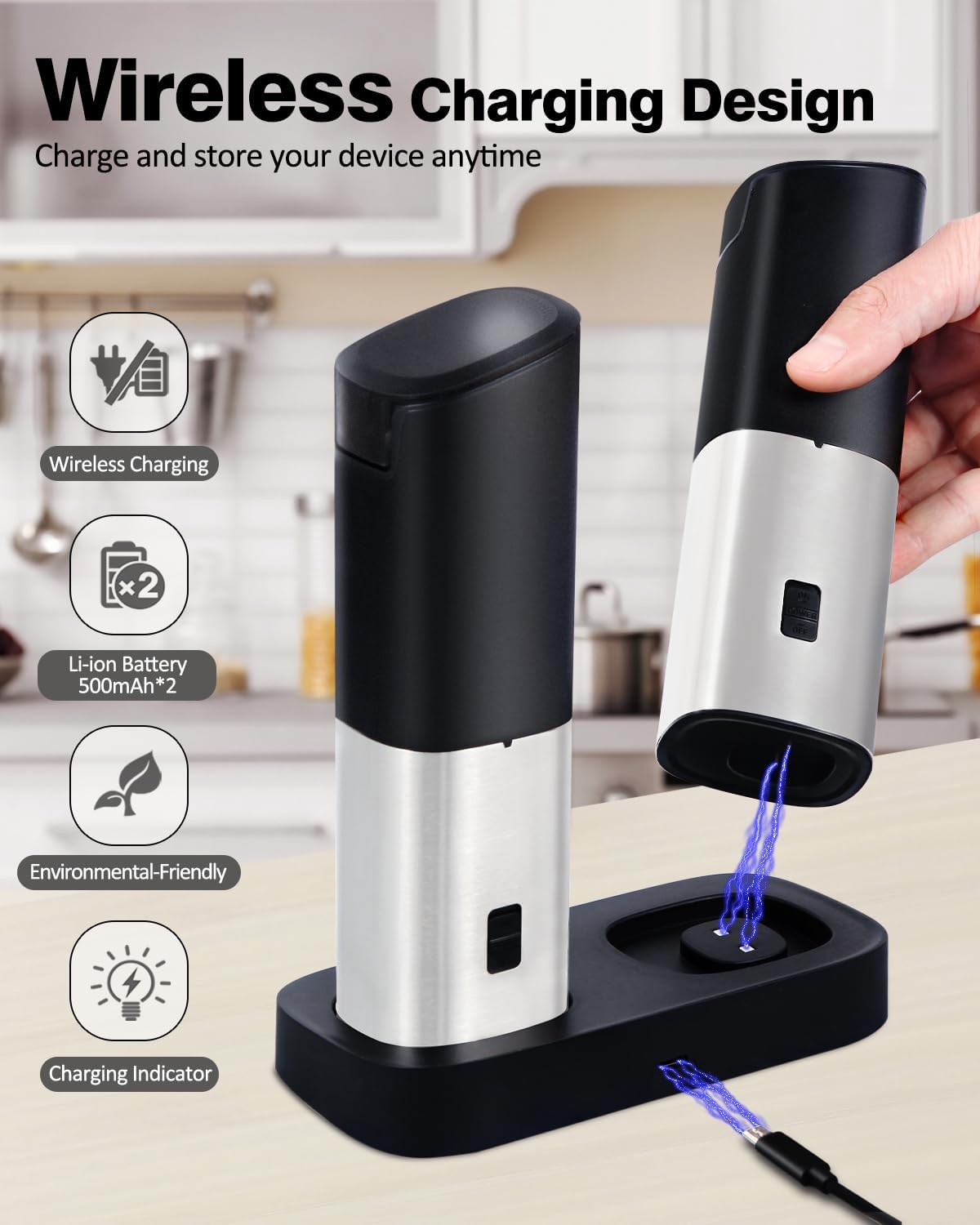 Set 2 rasnite electrice piper, sare sau alte condimente, cu inductie gravitationala, stand incarcare, grosime ajustabila, din otel inoxidabil, pentru bucatarie si gratar