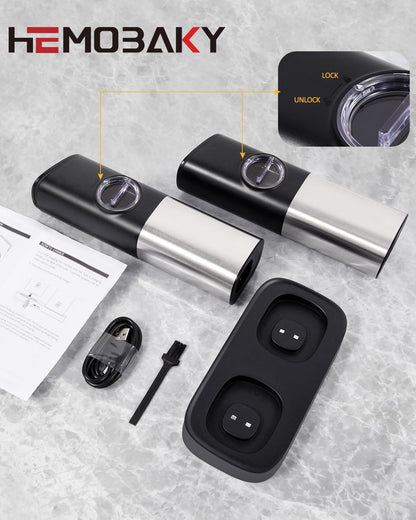 Set 2 rasnite electrice piper, sare sau alte condimente, cu inductie gravitationala, stand incarcare, grosime ajustabila, din otel inoxidabil, pentru bucatarie si gratar