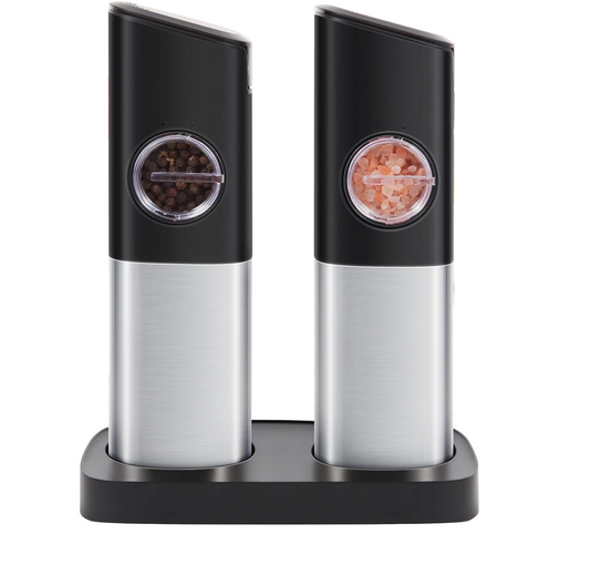 Set 2 rasnite electrice piper, sare sau alte condimente, cu inductie gravitationala, stand incarcare, grosime ajustabila, din otel inoxidabil, pentru bucatarie si gratar
