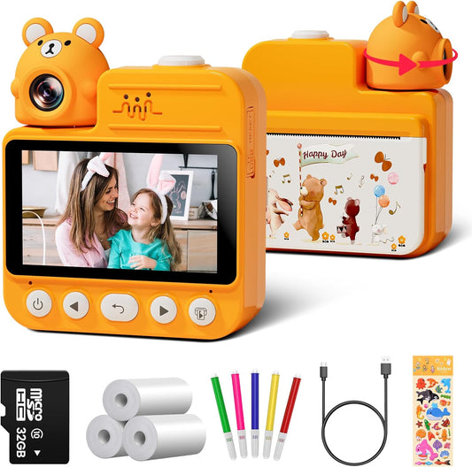 Aparat foto instant pentru copii, 14 MP, 1080P HD, ecran 3,0 inch, baterie de 1000 mAh camera rotativa 180° pentru selfie, jocuri incorporate, mp3, functie printare, portabil, 5x markere colorate, card 32 GB, cu 3 role de hartie termica