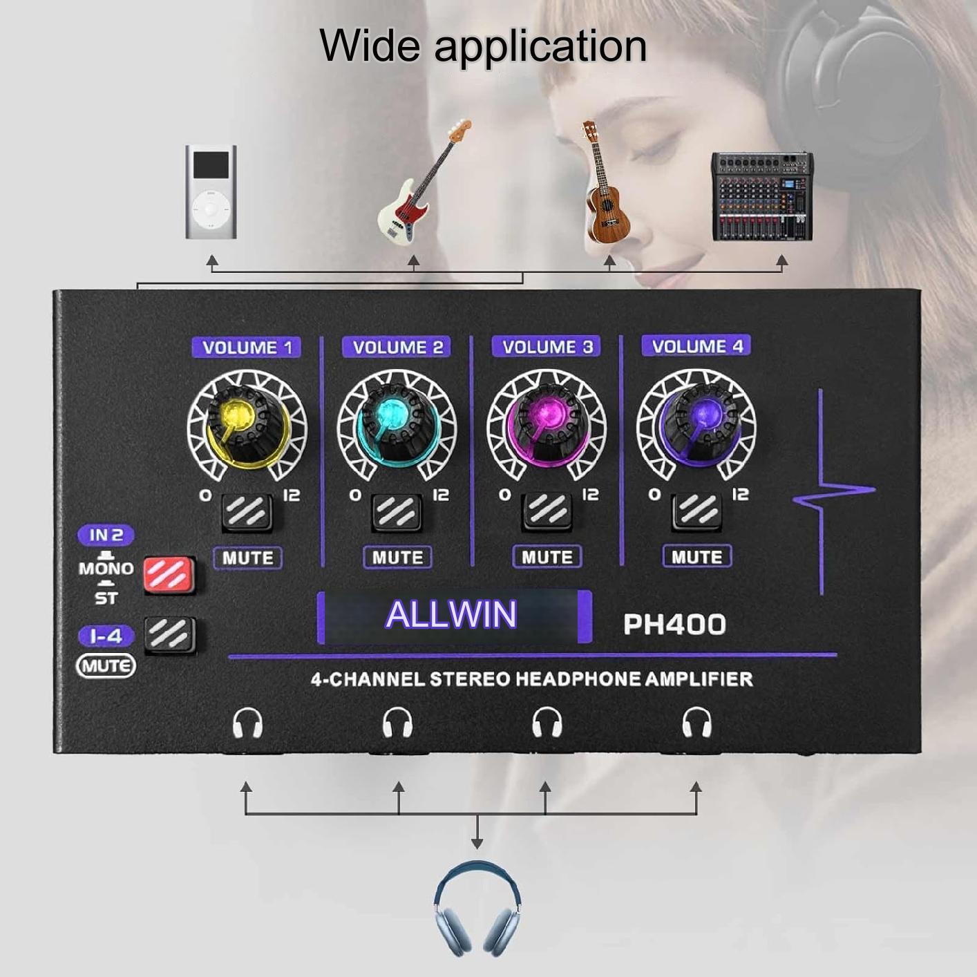 Amplificator pentru casti RGB, cu 4 canale 3,5 mm si 4 canale 6,35 mm, mini amplificator ph400, audio mono si stereo, control volum, pentru scene, studiouri si petreceri, negru