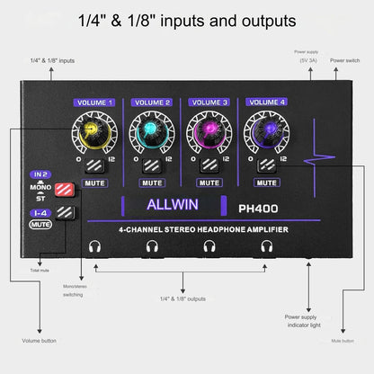 Amplificator pentru casti RGB, cu 4 canale 3,5 mm si 4 canale 6,35 mm, mini amplificator ph400, audio mono si stereo, control volum, pentru scene, studiouri si petreceri, negru