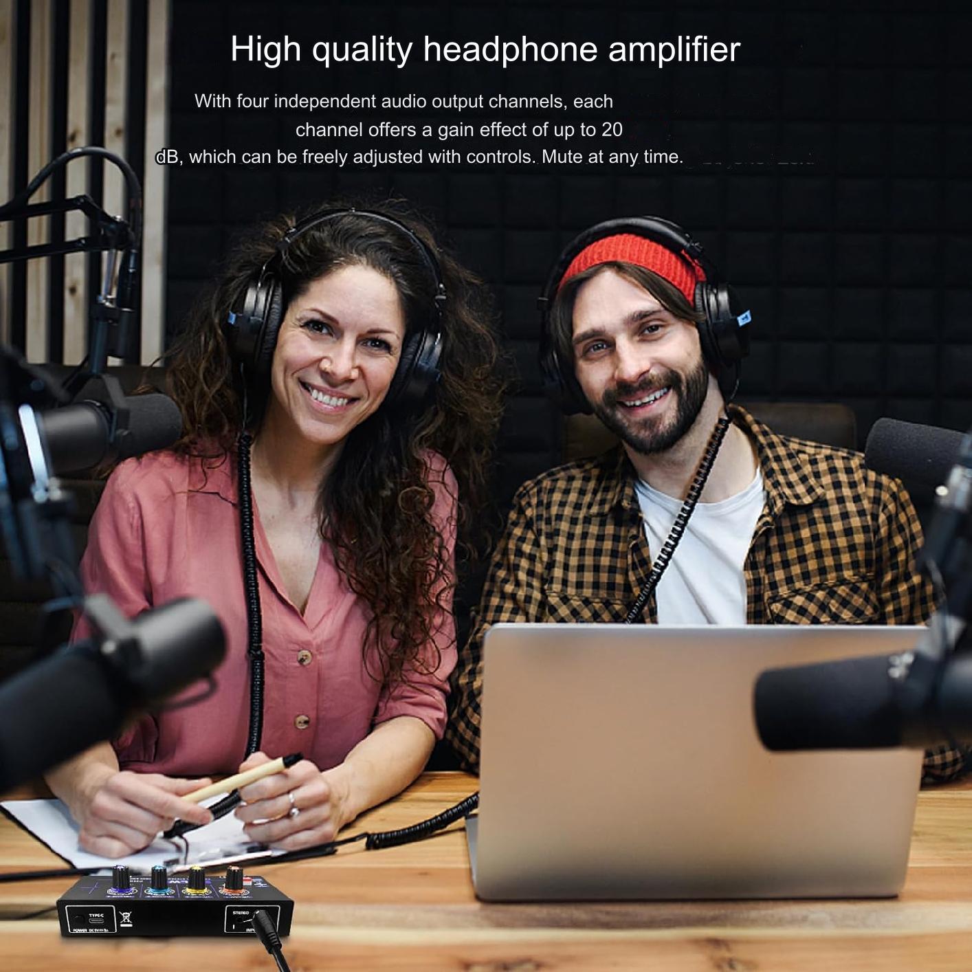 Amplificator pentru casti RGB, cu 4 canale 3,5 mm si 4 canale 6,35 mm, mini amplificator ph400, audio mono si stereo, control volum, pentru scene, studiouri si petreceri, negru