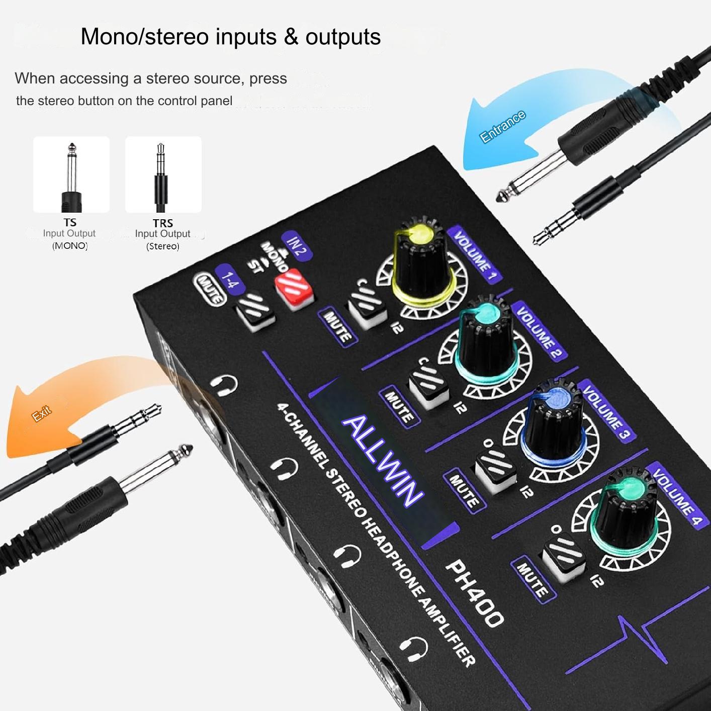 Amplificator pentru casti RGB, cu 4 canale 3,5 mm si 4 canale 6,35 mm, mini amplificator ph400, audio mono si stereo, control volum, pentru scene, studiouri si petreceri, negru
