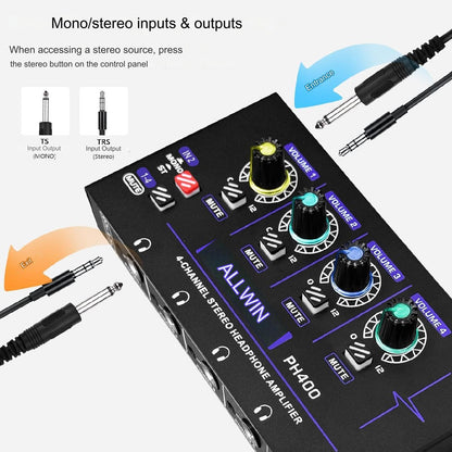 Amplificator pentru casti RGB, cu 4 canale 3,5 mm si 4 canale 6,35 mm, mini amplificator ph400, audio mono si stereo, control volum, pentru scene, studiouri si petreceri, negru