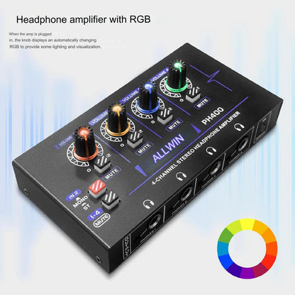 Amplificator pentru casti RGB, cu 4 canale 3,5 mm si 4 canale 6,35 mm, mini amplificator ph400, audio mono si stereo, control volum, pentru scene, studiouri si petreceri, negru