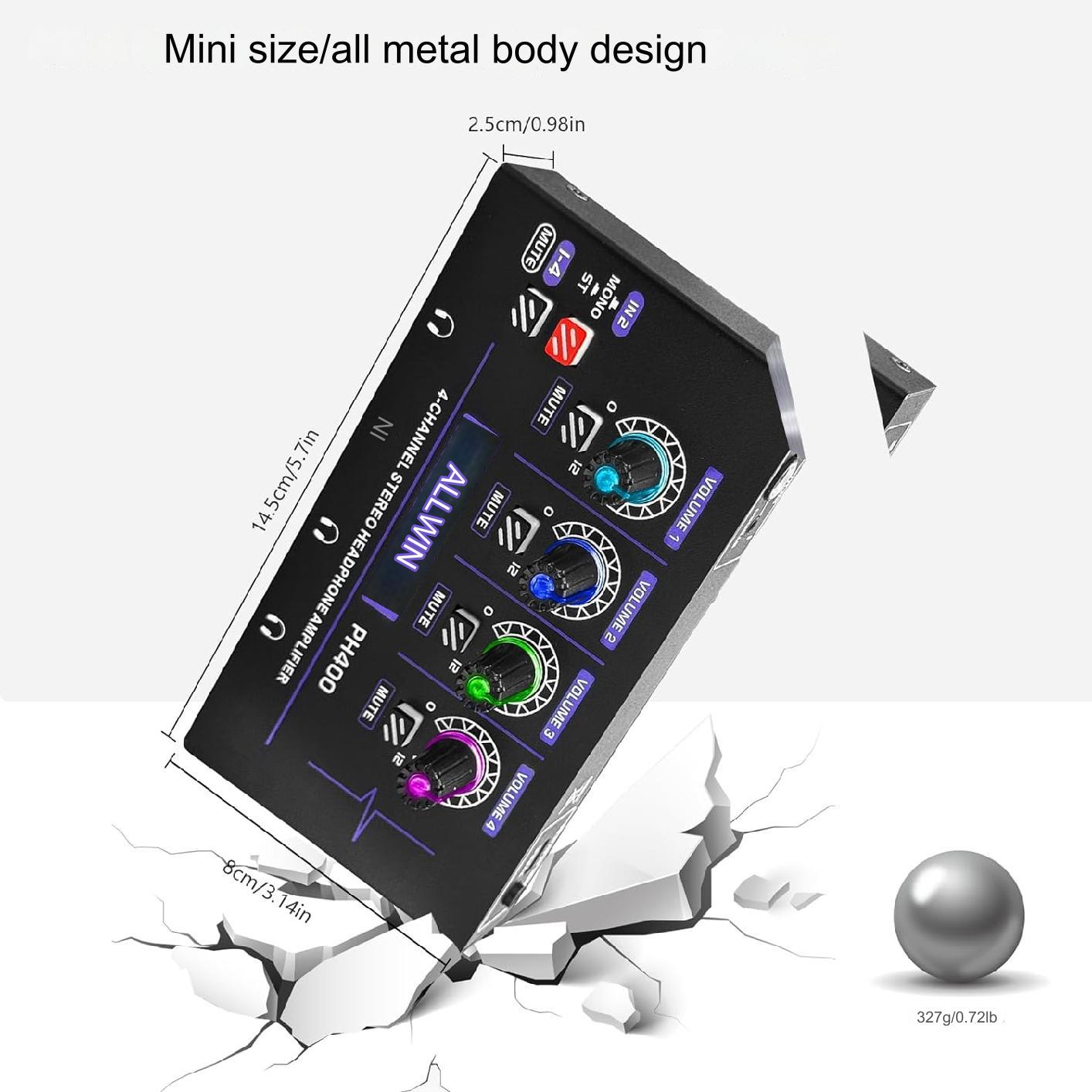 Amplificator pentru casti RGB, cu 4 canale 3,5 mm si 4 canale 6,35 mm, mini amplificator ph400, audio mono si stereo, control volum, pentru scene, studiouri si petreceri, negru