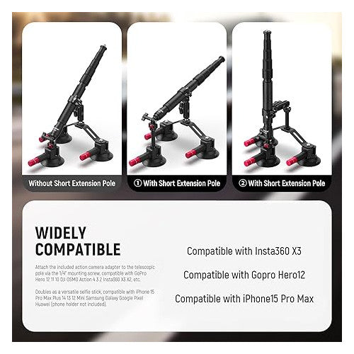 Suport auto 2 in 1 pentru camera si telefon, rotativ 360°, cu trei ventuze, tija telescopica extensibila, folosit pentru exterior in timpul deplasarii, suport pentru camera cu eliberare rapida, compatibil cu GoPro, Insta360, DJI OSMO Action
