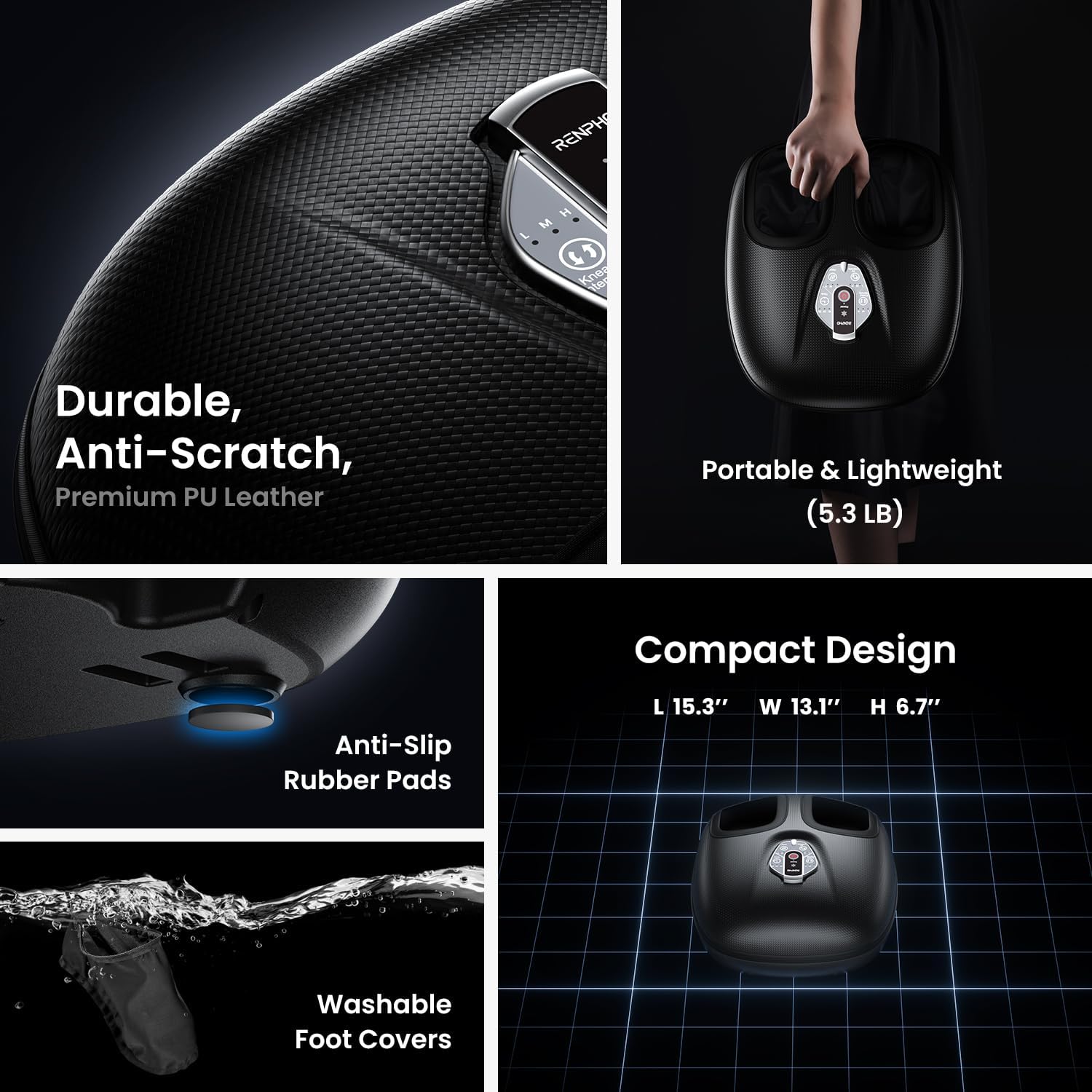 Aparat de masaj Shiatsu pentru picioare cu functie caldura, compresie aer, cu 3 moduri de intensitate, temporizator, telecomanda si Display cu touch, pentru relaxare musculara si ameliorare dureri, Renpho