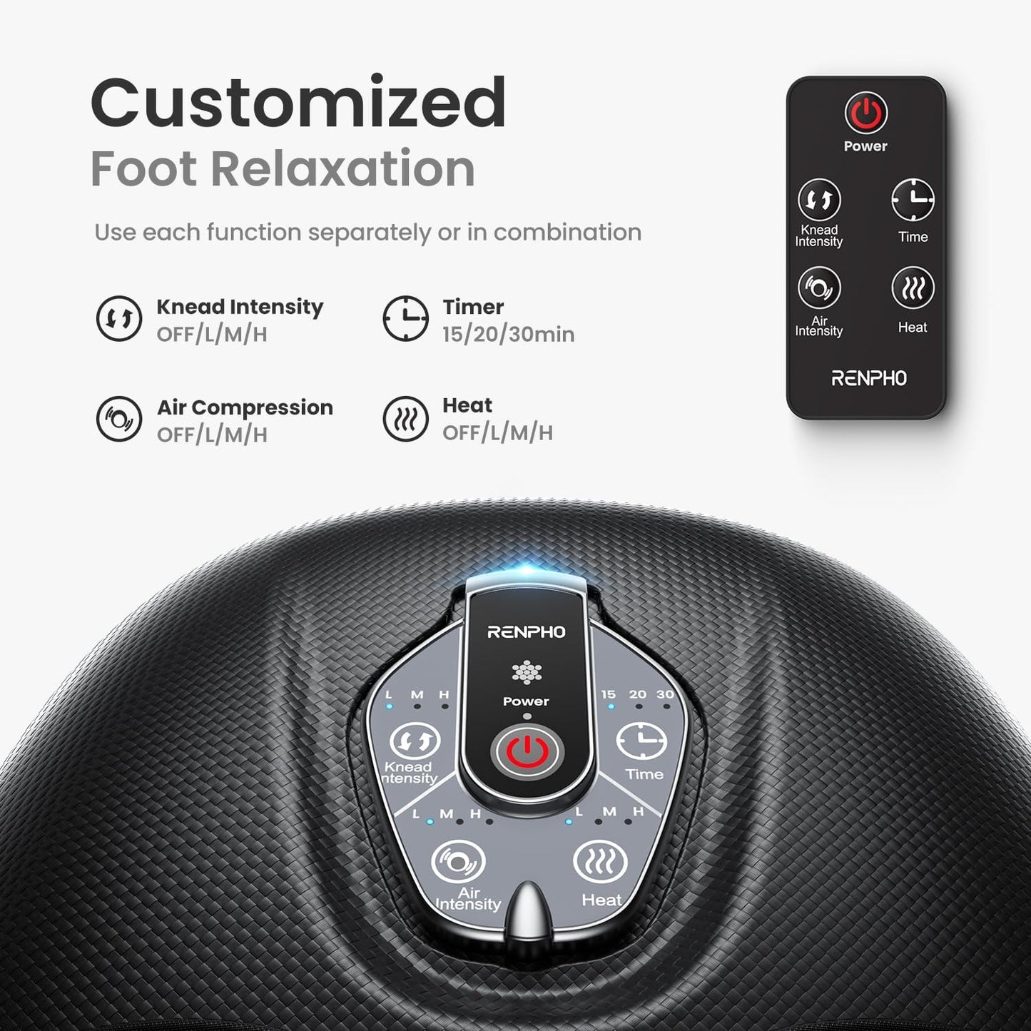 Aparat de masaj Shiatsu pentru picioare cu functie caldura, compresie aer, cu 3 moduri de intensitate, temporizator, telecomanda si Display cu touch, pentru relaxare musculara si ameliorare dureri, Renpho