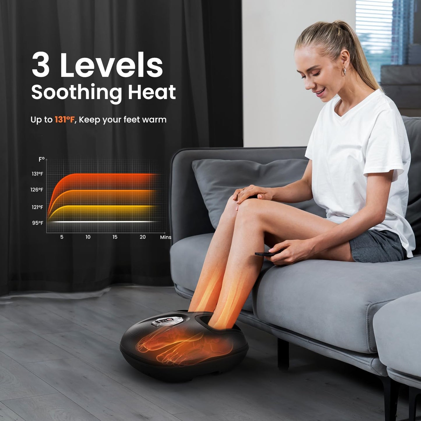 Aparat de masaj Shiatsu pentru picioare cu functie caldura, compresie aer, cu 3 moduri de intensitate, temporizator, telecomanda si Display cu touch, pentru relaxare musculara si ameliorare dureri, Renpho