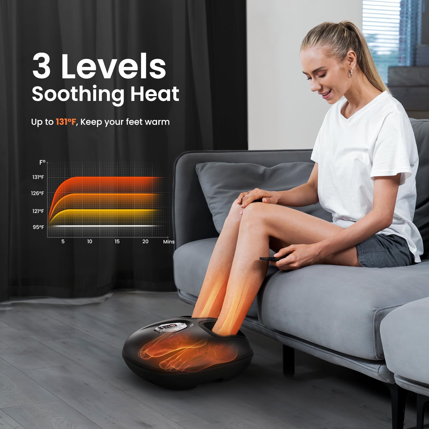 Aparat de masaj Shiatsu pentru picioare cu functie caldura, compresie aer, cu 3 moduri de intensitate, temporizator, telecomanda si Display cu touch, pentru relaxare musculara si ameliorare dureri, Renpho