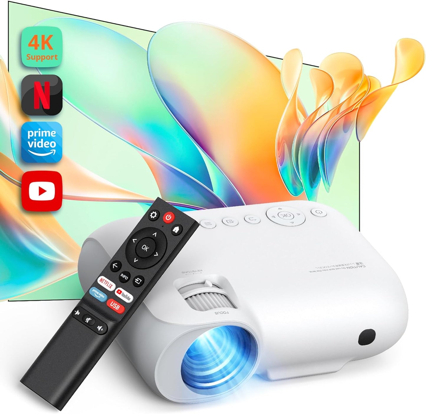 Videoproiector WiFi cu Bluetooth 5.2, Full HD 1080P si Suport 4K, 15000 Lumeni, 400 ANSI, Ecran de 200 inch, Functie Zoom, Control prin Telecomanda, Difuzor Inclus, Incorporat Netflix, YouTube, Disney plus, Compatibil cu Smartphone, PC, TV Stick, PS5