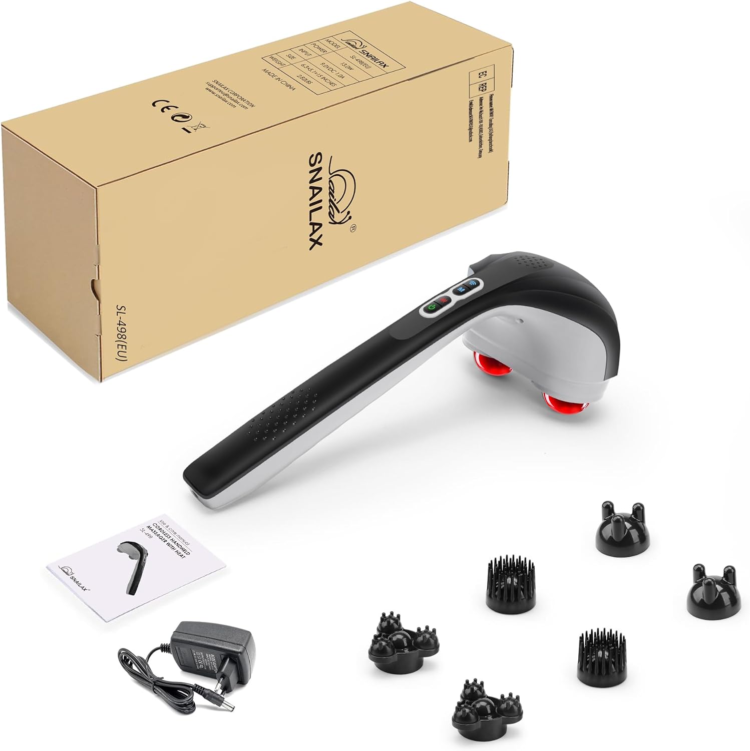 Aparat de masaj profesional Snailax, cu functie de caldura pe 2 zone, multifunctional, portabil, reincarcabil, 3200 pulsatii pe minut, 3 capete, 3 moduri si 3 intensitati cu maner ergonomic, pentru gat, spate, umeri
